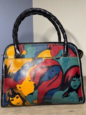 Patricia Nash Italian Leather Pop Art Satchel Handbag Colorful Faces